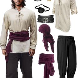 Khaki Pirate Swashbuckler Renaissance Cosplay Costume w/Accessories, XL *NEW*