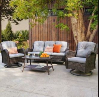 Patio Outdoor Furniture With Swivel Chairs Swivel Rocking Chairs Also Available In Dark Gray Cushions Or Brown Cushions Brand New