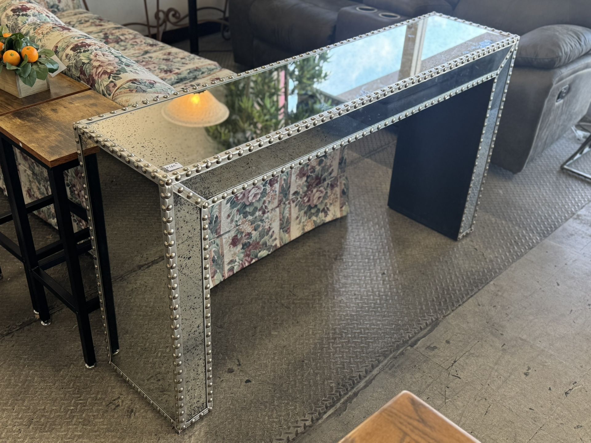 Contemporary Mirrored Console Table with Studded Trim, Vanity Table