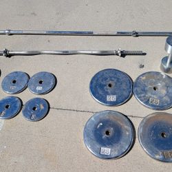 Curl Bar & Bench Bar + chrome Weight Plates & 2- chrome Dumbbells ((SOLD AS A BUNDLE))