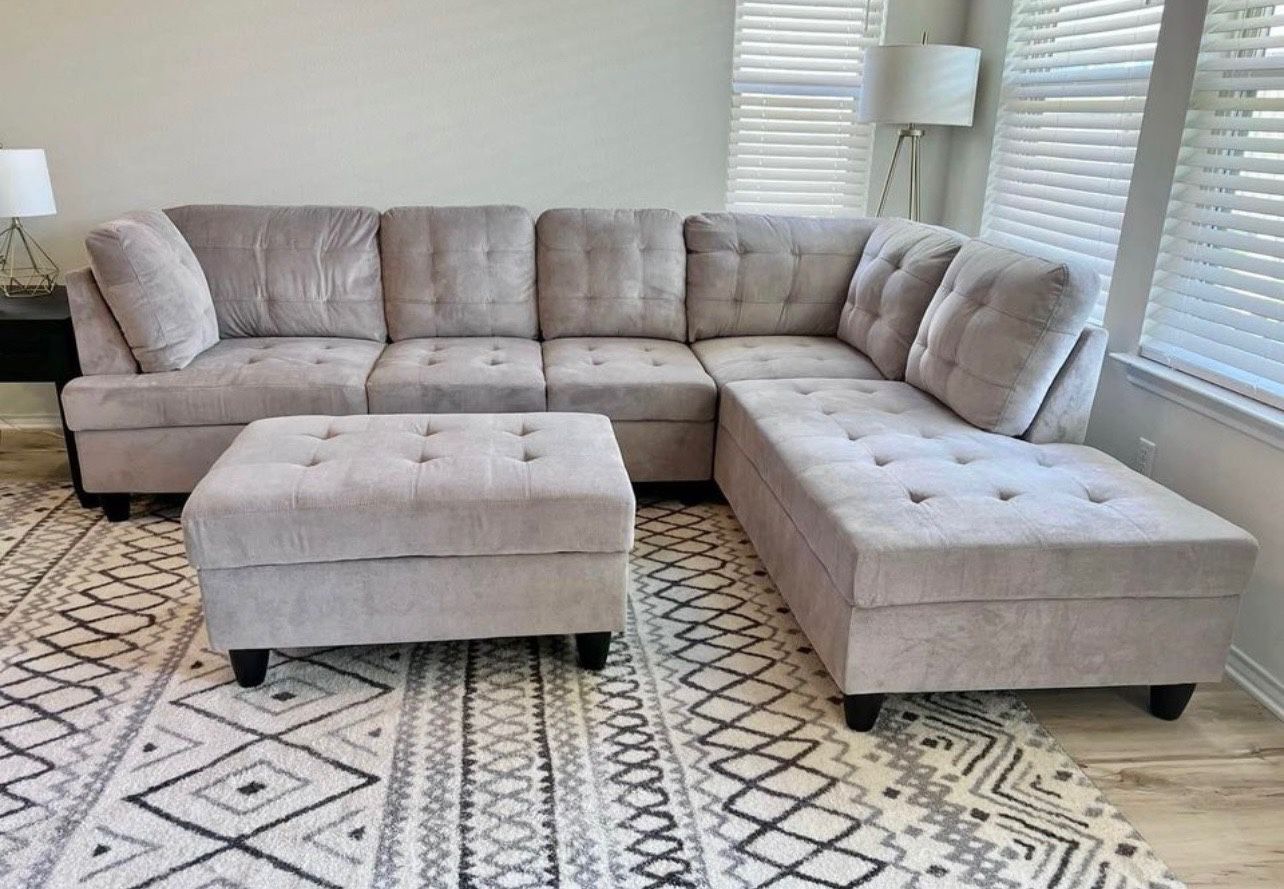 COSTCO Grey Chenille Sectional Couch And Otttoman