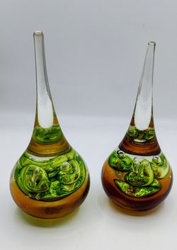 Set of 2 Art Glass Sculptures – Amber & Green Swirl – 7"