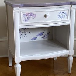 White Vintage Nightstand Side Table Decorated Butterflies 