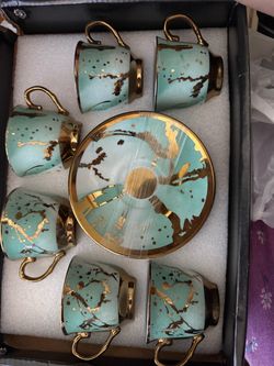 Turquoise and Gold Porcelain Tea Cup Set