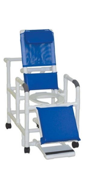 Reclining shower chair with deluxe elongated open front soft seat- footrest- padded