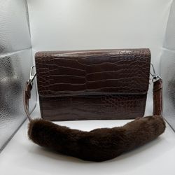 Princess Polly Brown Crocodile Leather Print Shoulder Bag with Faux Fur Strap 