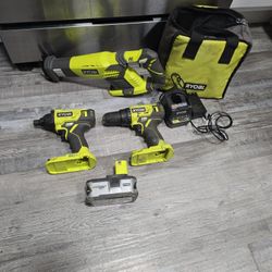 RYOBI 18V SET , DRILL , IMPACT DRIVER, SAWZALL  CHARGER AND 18V 4AH BATTERY 