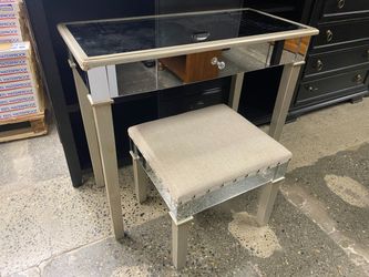 Silver Mirrored Vanity Table w/ Beige Upholstered Bench