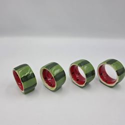 Watermelon Napkin Rings Holders 2" Round Ceramic Red-Green-Summer Decor Set Of 4