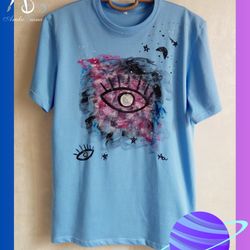 Handmade Light blue T-shirt with eyes