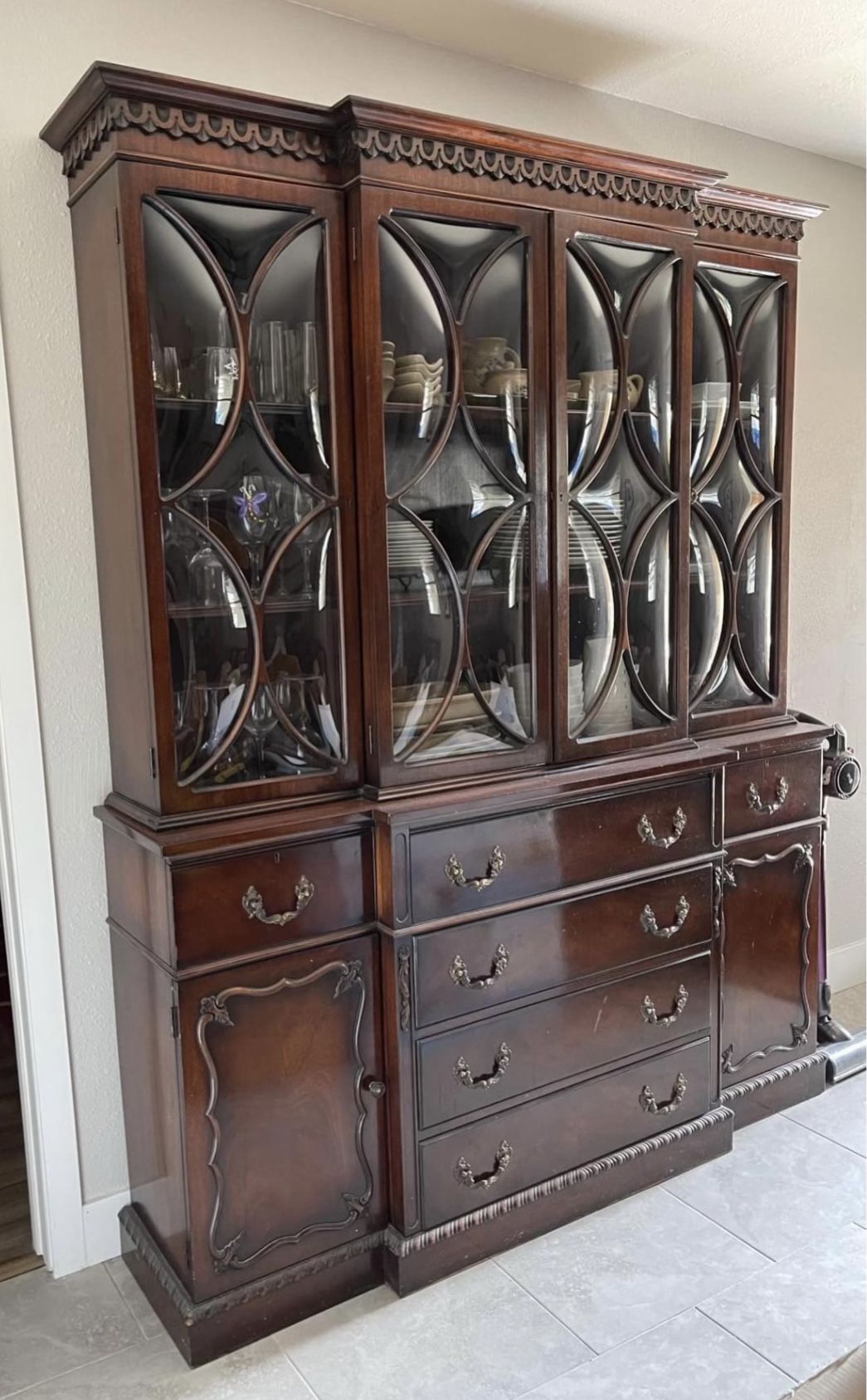 Amazing Vintage Mahogany China hutch Writing Desk Antique Carved Detail