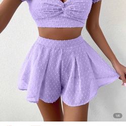 Purple Dotted Twist Crop Top and Shorts Set