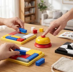 Battle Blocks Puzzle Includes 2 Battle Bells, 2 Sets of Color Logic Blocks, and 2 Sets of Black & White Hidden Blocks.