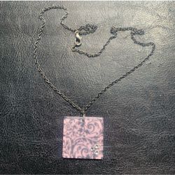 Handmade Purple Resin Damask Pendant Necklace with Rhinestone Accents 2” x 2”