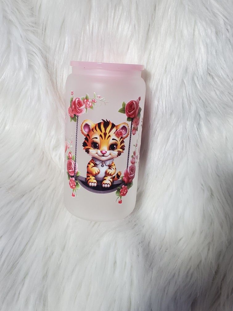 Glass Cup Frosted Pink Lid