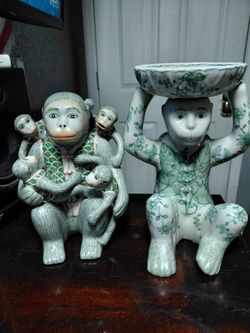 Vintage Chinoiserie Green Porcelain Monkey Figurines - Set of 2  but will separate