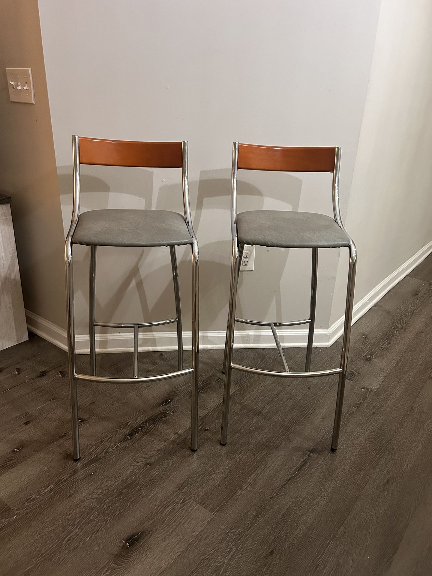 Set of 2 29" Nickel Plated Bar Stools with Grey Faux Leather Upholstery