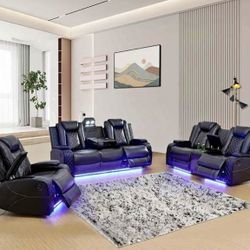 Power Electric Black Leather Fully Reclining Three Piece Couch Set
