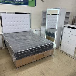 New White Bedroom Set With LED Mirror (Queen/Full)