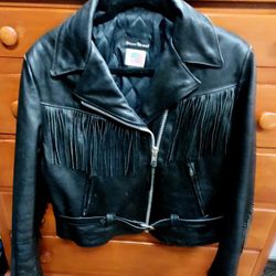 Black Leather Women's Leather Jacket With Fringe S-14