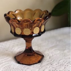 Vintage Amber footed glass dish with gold detail. 