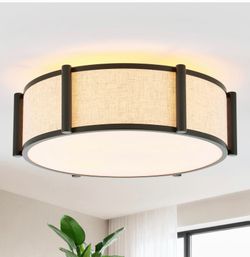 18" Modern Semi Flush Mount Ceiling Light, 4-Light Black Drum Ceiling Light Fixture With Beige Linen Fabric Shade, Farmhouse Close To Ceiling Lights F