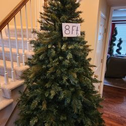 Eight Foot/8 Ft. UNLIT Christmas Tree + FREE Items ~ Cable Knit Skirt/Ornaments/Wired Fabric Ribbon Garland/Table Linens & Decor