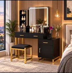 Vanity Desk with Mirror and Lights and stool. Makeup Vanity Table with 4 Drawers & Storage Shelves, Large HD Mirror, 3 Color Modes