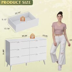 😀 6 Drawer Dresser for Bedroom, 47.24'' Wide Wooden White Dresser, Storage Organizer with Sturdy Metal Handle, TV Stand for 55 inch TV, Chest of Draw