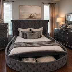 Luxury Queen Gray Velvet Bed + Matching Dressers Set