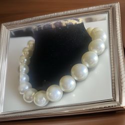 Vtg Glass Faux Pearl Large Choker Silvertone Necklace 