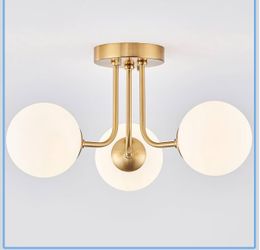 Modern Semi Flush Mount Ceiling Light,Globe Milk Glass Shade Brushed Brass Finish Ceiling Light 3-Light with Ceramic Base,Sputnik Chandeliers for Bedr