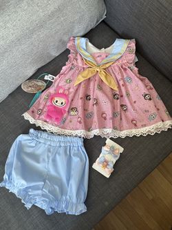 New Labubu Handmade Cotton jumper skirt sailor collar with blue bloomers & hair accessory 2T  Length 14inches Armpit to armpit 12*2 inches