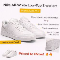 Nike All-White Low-Top Sneakers – Men’s Size 9.5