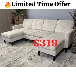 Beige Corduroy Double Chaise Sectional Sofa -100"W X 58"D X 34"H