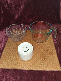 3 items. Measuring cup large Crystal Bowl and a trinket dish. Selling as a bundle. Awesome condition! All sales final.