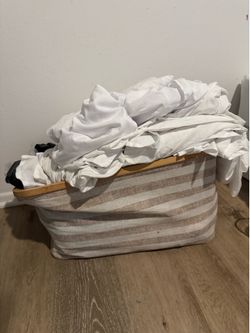 Bin of White Queen Bedding – Sheets & More – $10