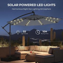 10ft Solar LED Outdoor Cantilever Patio Umbrella with Base