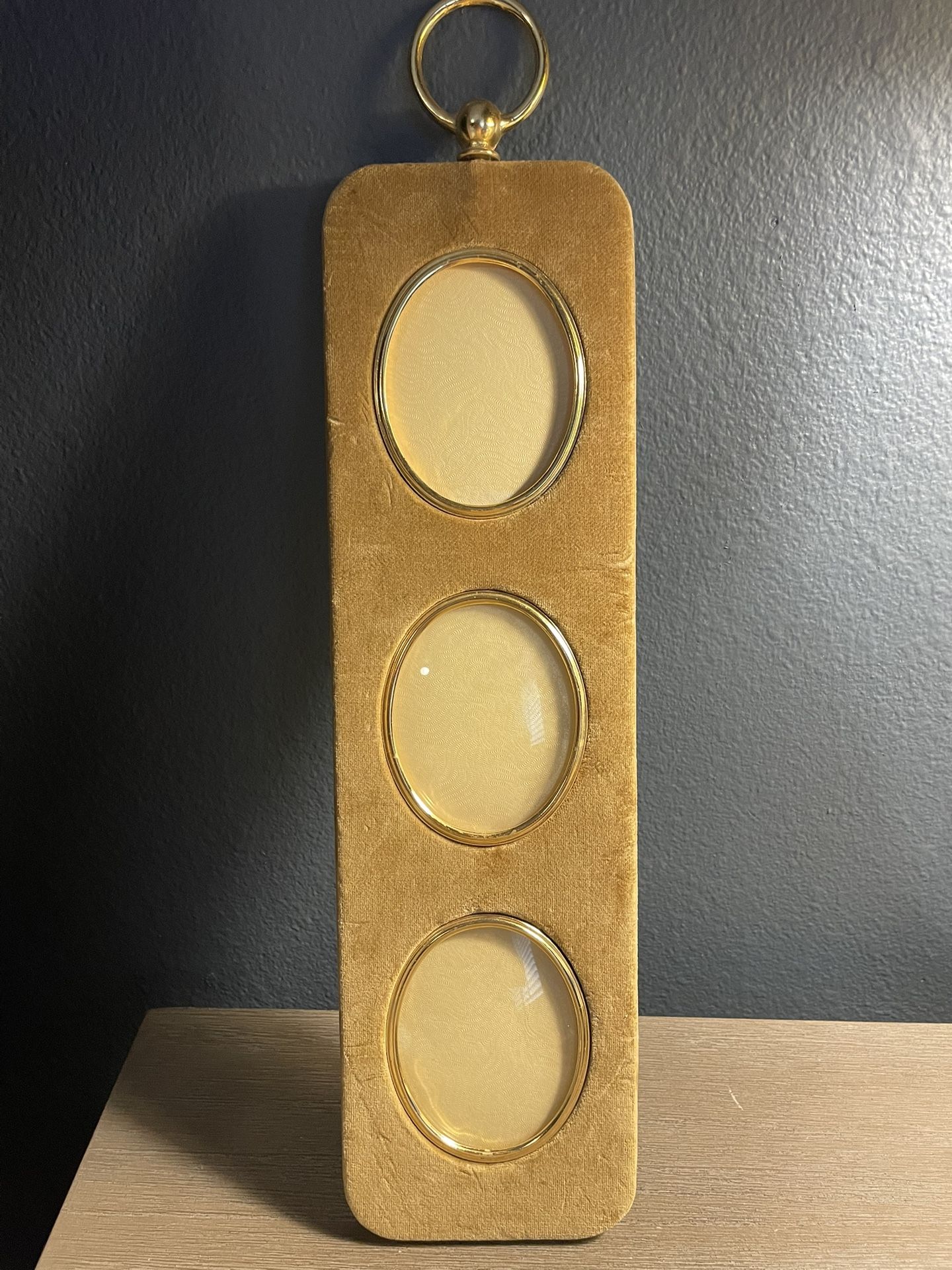 Vtg.Triple oval wall hanging picture frame with velvet front and gold-tone trim.