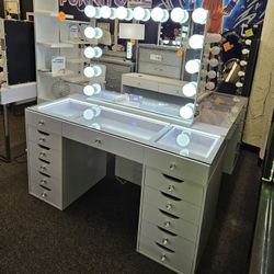 Brand New Vanity W/ Color LED Light Inside Desk & XL Hollywood Mirror W/ Bluetooth Speker $1180 