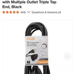 HDX 25 ft. 16/3 Light Duty Indoor/Outdoor Extension Cord with Multiple Outlet Triple Tap End, Black