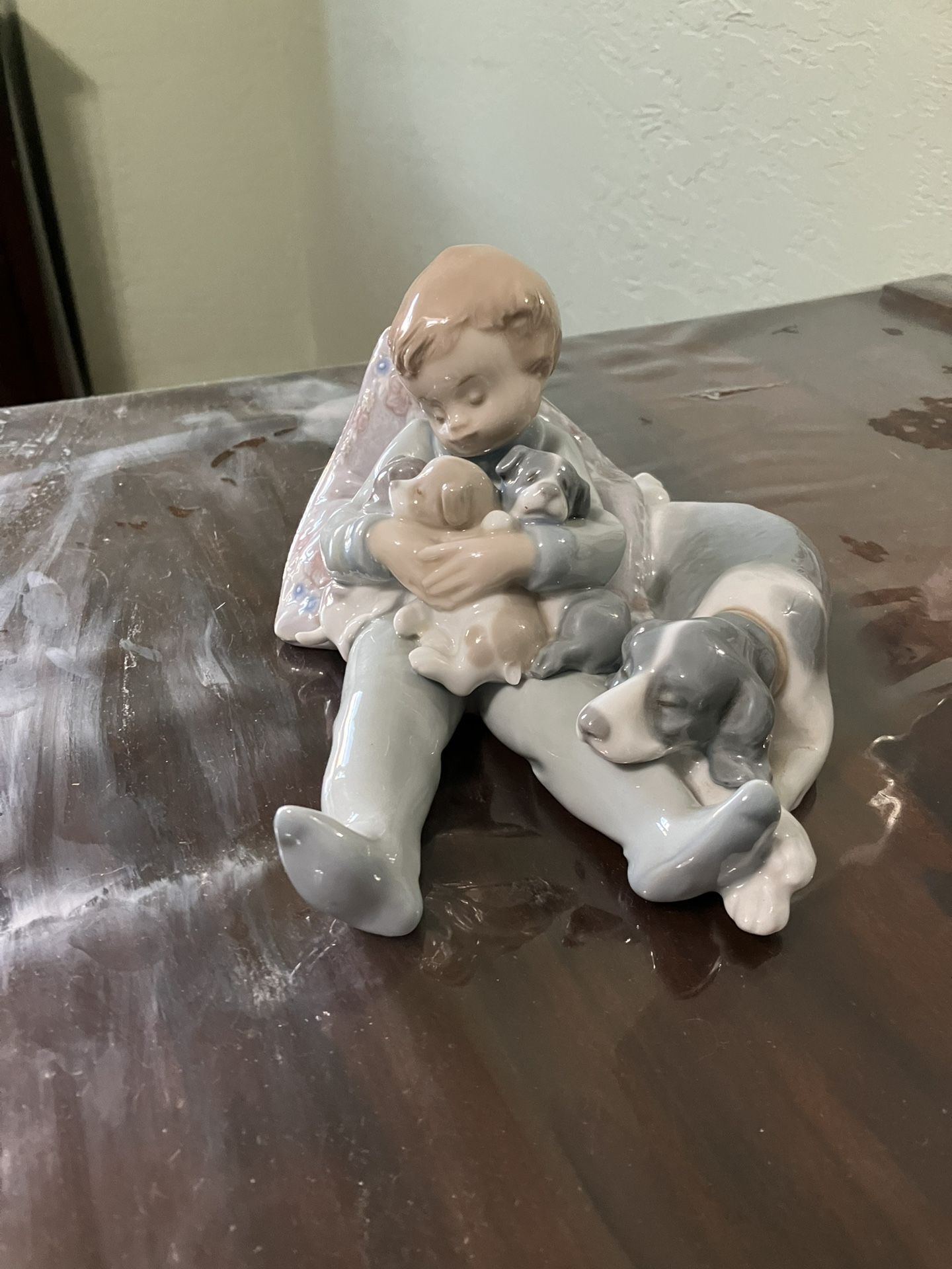 Lladro Child With Mom Dog And Puppies