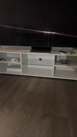 Modern White TV Stand / Entertainment Center w/ Glass Shelf
