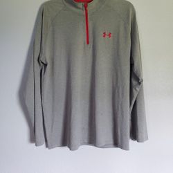 Under Armour Sweater Mens Large Gray Red HeatGear Pullover 1/4 Zip Casual Preppy