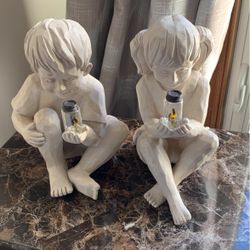 Boy & Girl Statues Holding  Solar Lighting Bug Jars