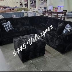 ✅️✅️️✅️4 pc Black cordury fabric upholstered sectional sofa with ottoman✅️✅️