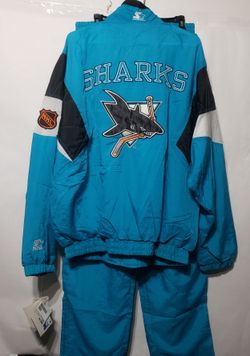 NWT VINTAGE  90'S SAN JOSE SHARKS WINDBREAKER JACKET AND PANTS  SET COMPLETE  MENS SIZE XL NEW  WITH TAGS  SUPER RARE UNIQUE 