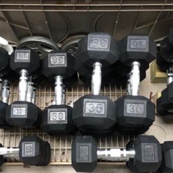 VARIETY OF RUBBER DUMBBELLS :  5s    15s  20s  25s  30s  35s 40s  45s  50s  = ($1.50 LB.)
(PAIRS OF) 20s=$60/ 25s=$75/ 30s=$90/ 35s=$105/40s=$120     