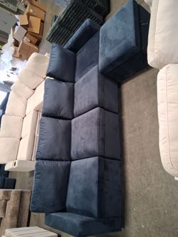 Blue Velvet Sectional Sofa with Ottoman Storage