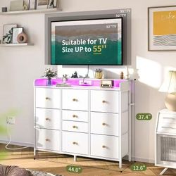 Dresser for Bedroom with Charging Station and LED Lights, Tall Dressers TV Stand with 10 Storage Drawers,Fabric Black Dressers & Chests of Drawers,Woo